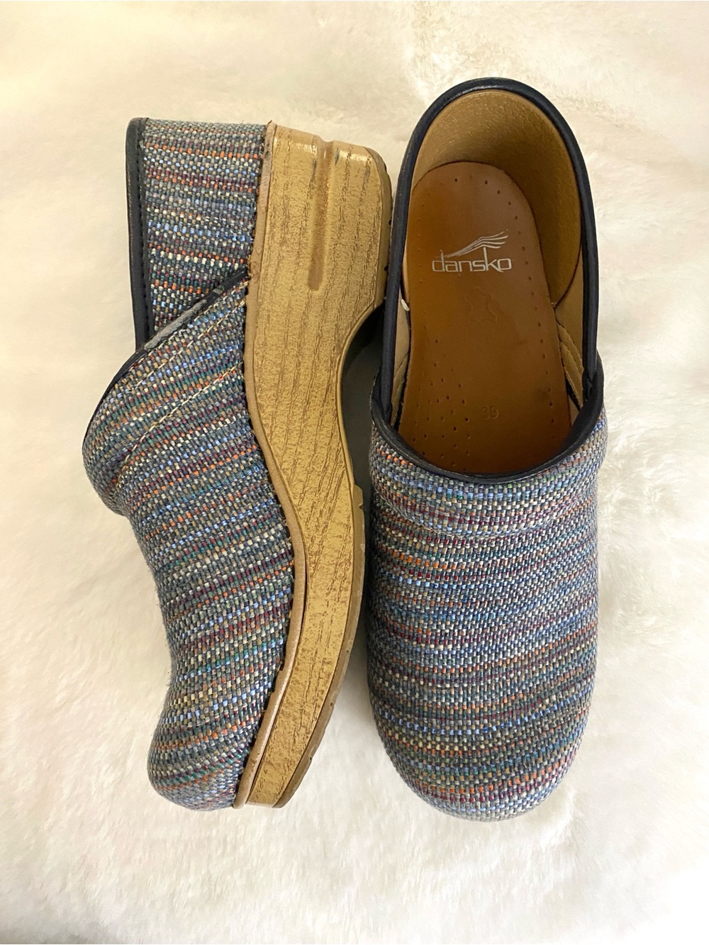Blue & multicolor woven Dansko clogs 39